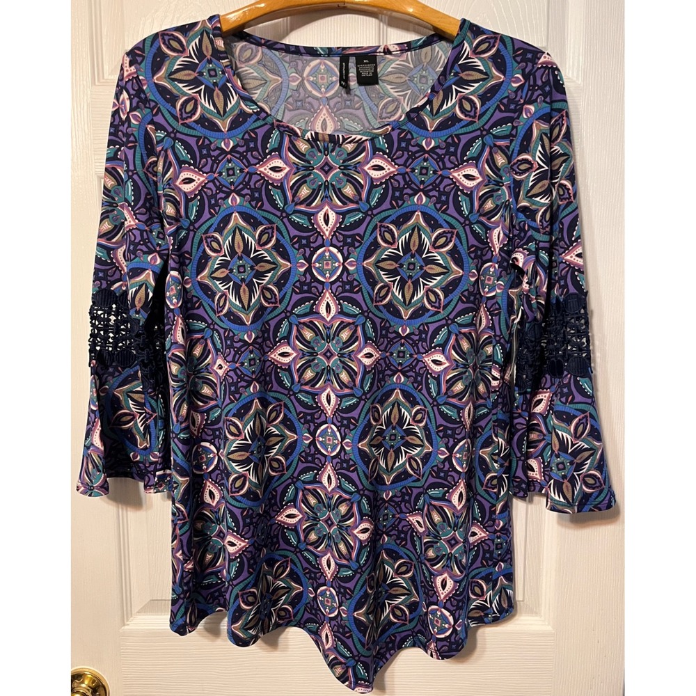 New Directions Womens XL Purple Medallion Print Crochet Bell Sleeve Boho Top NEW